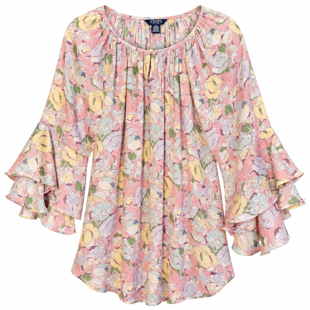 Chaps Floral Ruffle Bell Sleeve Blouse Womens Large Pink Pastel Excellent Boho